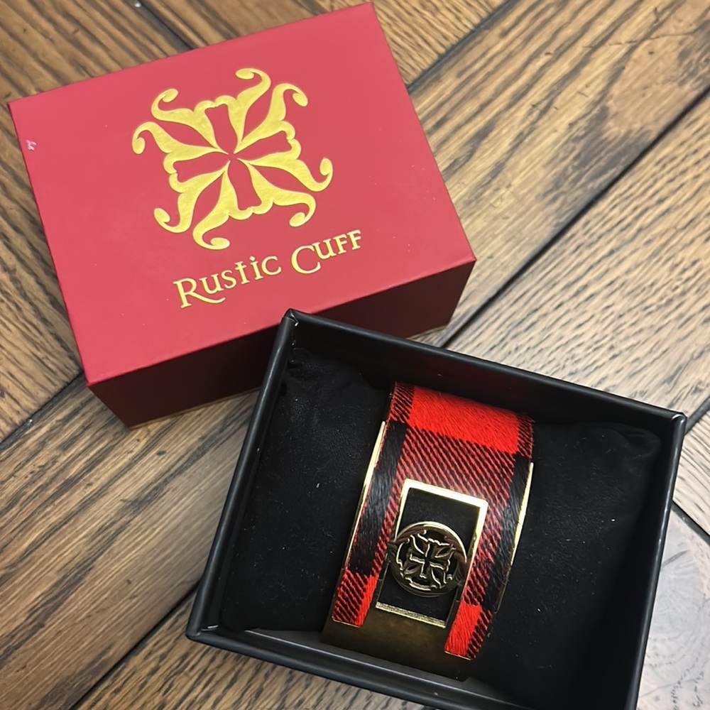 Rustic Cuff Wide Gold and Buffalo Plaid cowhide bangle, new with box